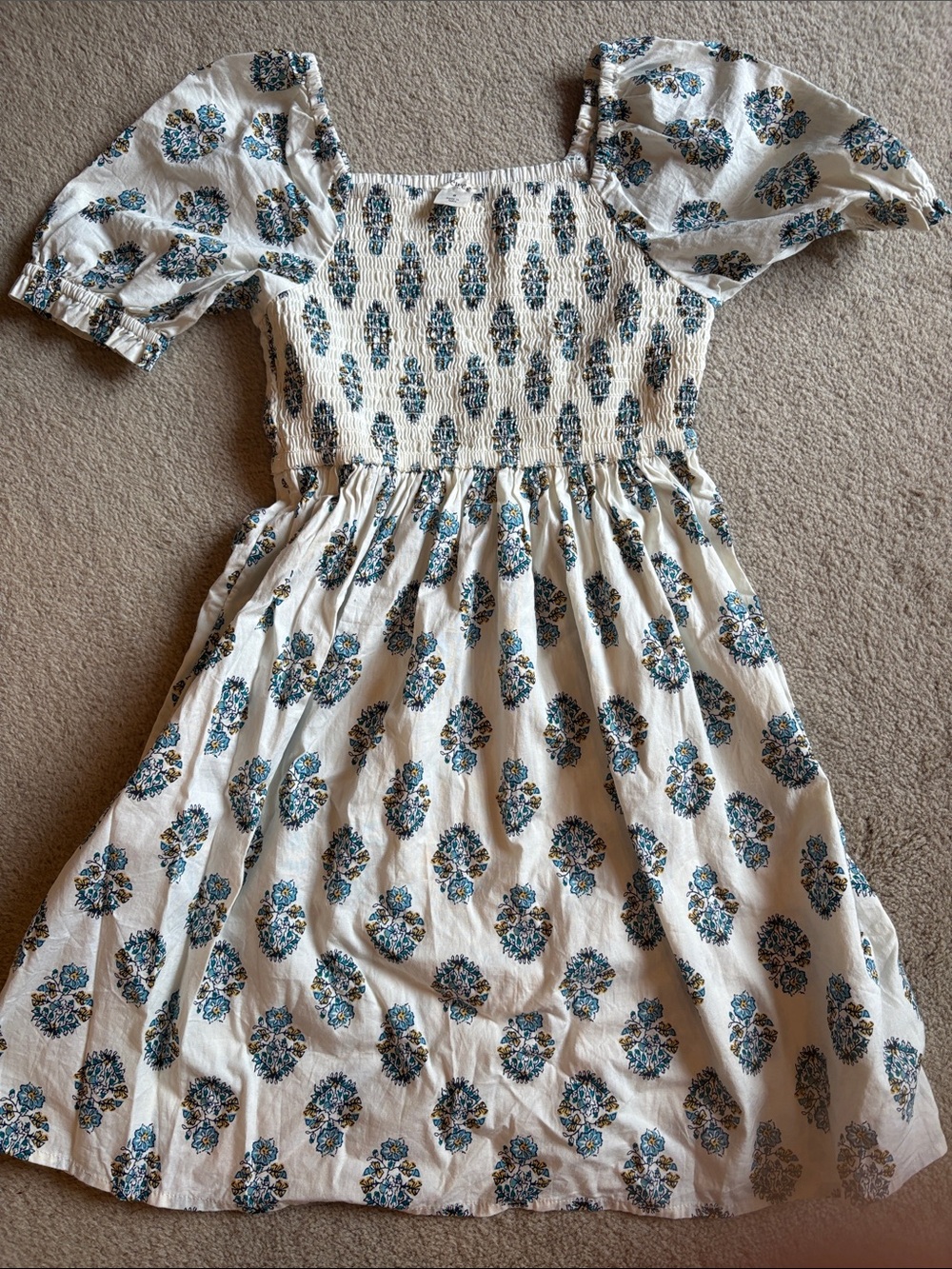 Crewcuts Girls Cream Floral Smocked Puff Sleeve Dress
